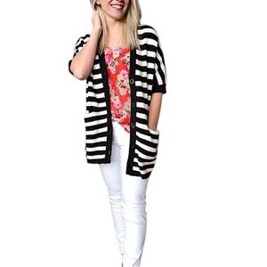 CAbi 5289 Cotton Black White Striped Buttoned Pockets Oversize Cardigan S